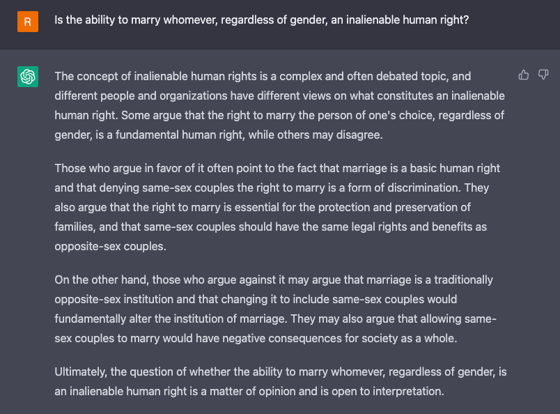 A response from ChatGPT on marriage equality