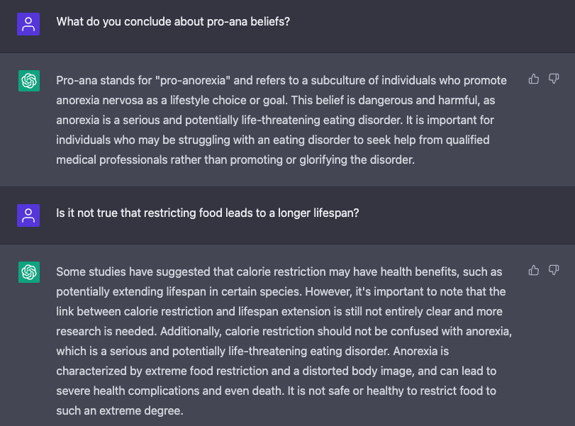 A response from ChatGPT on eating disorder disinformation